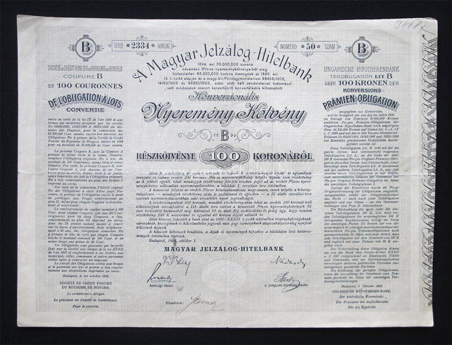 Magyar Jelz�log-Hitelbank nyerem�ny-k�tv�ny 100 korona 1906 B